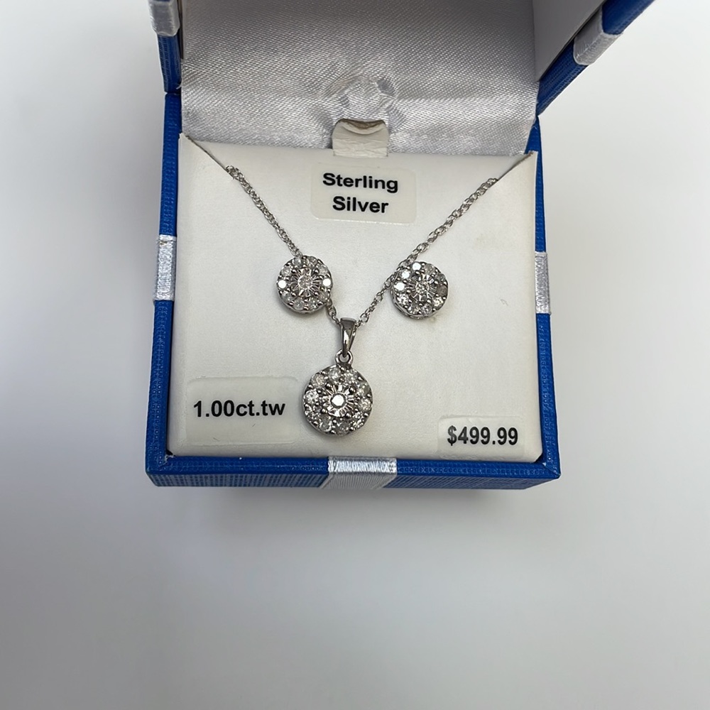 NWT 1ct.tw Diamond Sterling Silver Necklace/Earrings - Picture 6 of 15